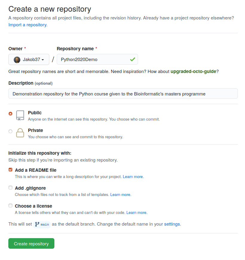 Settings for the new repository